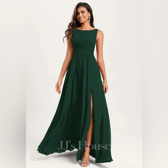JJ’s House A-Line Boatneck Floor-Length Chiffon Bridesmaids Dress with Ruffle - Picture 14 of 14